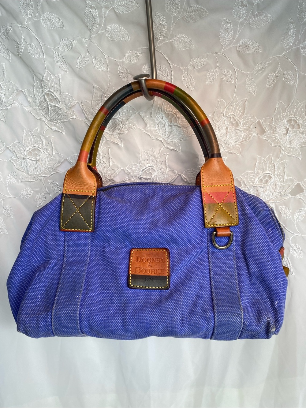 Dooney & Bourke Purple Canvas Satchel with Multicolor Striped Handles